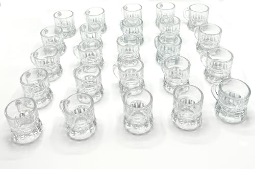 Gissed. Pack de 24 Vasos de Chupito Únicos y Originales en Forma de Jarra de Cerveza con Asa - 28 ml - Mini Jarras para Licores, Ideal para Fiestas, Eventos - Vidrio Transparente