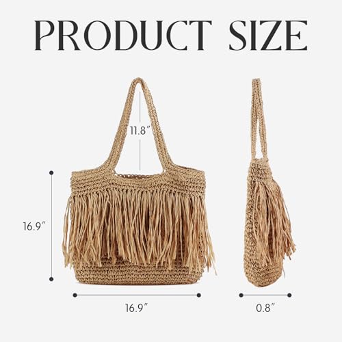Bolso Tote playero de paja con flecos color marrón miniatura 3