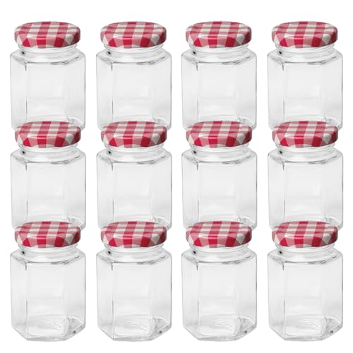 Yumzxin 12 Pack 100ml (3.4oz) Hexagonal Glass Jars with Airtight Lids for Canning Food Storage Spices Honey Jam Pickling DIY Craft Containers