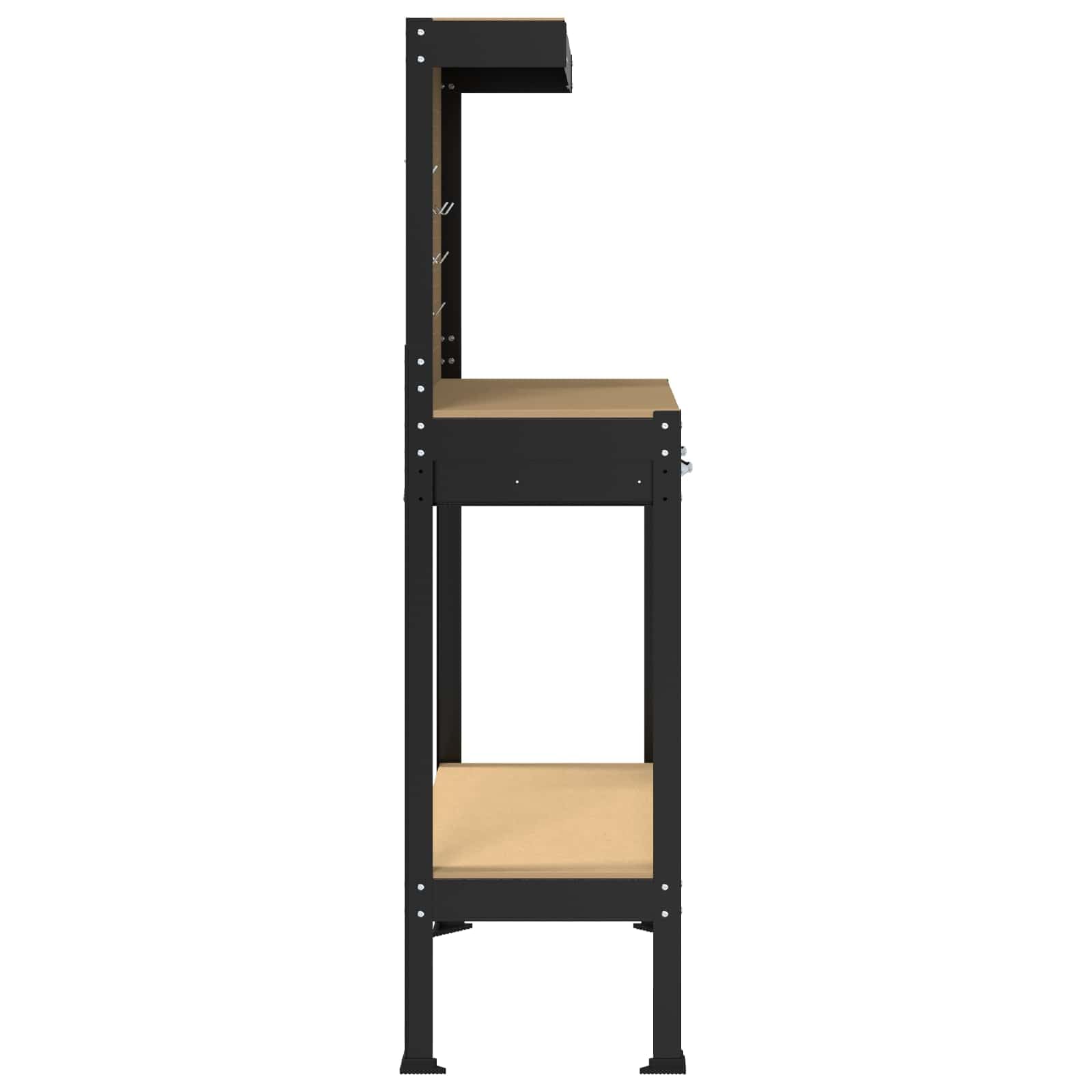 Banco de trabajo industrial con cajones, color negro, 81 x 41 x 145 cm, estructura de madera, estructura de metal, estanterías