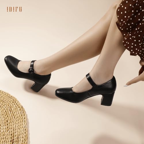 IDIFU IN3 Mary Jane Pumps Closed Toe Low Short Chunky Block Dress Shoes for Women Wedding Bridal Flight Attendant Heels Formal Cute Round Toe Vintage Small Thick Pumps Heels with Round Buckle3