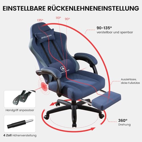 Sedia da gaming in tessuto, sedia da gioco con cuscino a molle insacchettate, sedia girevole ergonomica, con poggiapiedi, portata 150 kg, blu scuro - Sedia gaming - Immagine 2