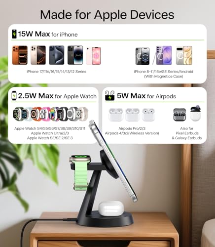 Image of 3 in 1 Charging Station for Apple Devices, 15W Fast Wireless Charger Compatible with MagSafe Charging Stand for iPhone 17 16 15 14 13 12 Series, Watch Charger Stand for Apple Watches & Airpods