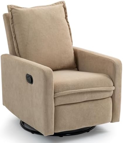 360° Swivel Rocking Chair Nursery Glider Recliner Nursery Chair Manual Swivel Rocker Recliner with High Backrest Armchair Comfy Side Modern Chair for Living Room (Light Brown)