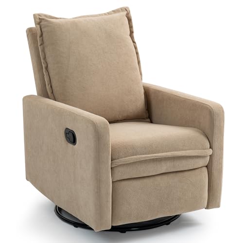 360° Swivel Rocking Chair Nursery Glider Recliner Nursery Chair Manual Swivel Rocker Recliner with High Backrest Armchair Comfy Side Modern Chair for Living Room (Light Brown)