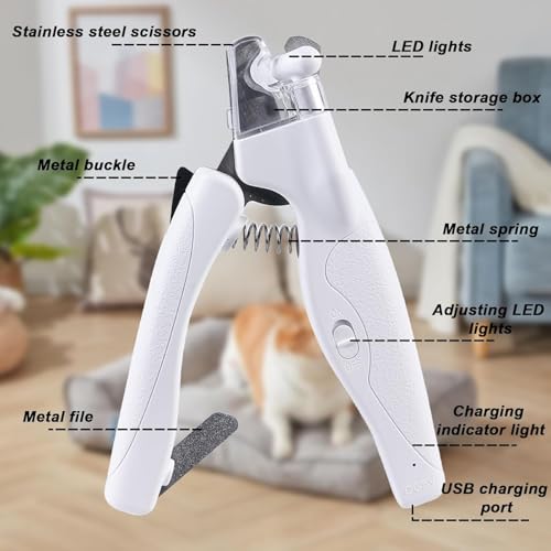 GOMETY Profi LED Hunde & Katzen Nagelknipser: Ergonomischer Griff, Sicherheitsverriegelung, für Mittlere & Kleine Haustiere (Transparent/Silber)