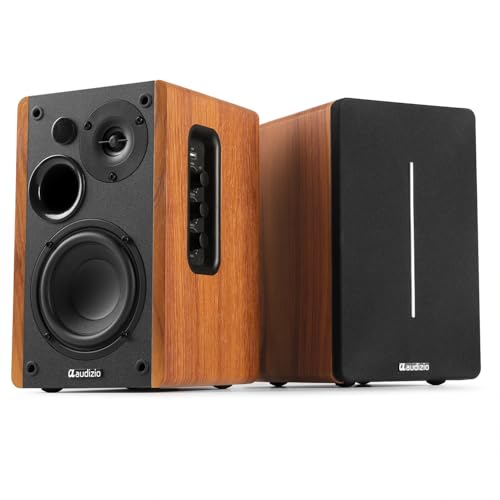 Audizio KS01B Active Bluetooth Bookshelf Speakers, 120W HiFi Home Audio Set, Wood Finish, Optical & RCA Inputs, USB Playback, Wireless Remote, Bass & Treble Controls, Compact Stereo Speakers