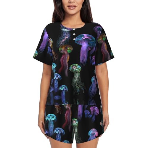 Ensemble pyjama col rond manches courtes avec poches pratiques motif méduses