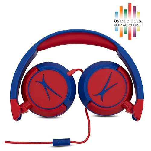 Image of Altec Lansing Kid Safe Wired Headphones, Over Ear Headphones for Kids Ages 3-5, Volume-Limiting Toddler Headphones with Mic, Compact Foldable Kids Headphones with Cord, APA Approved (Blue /Red)