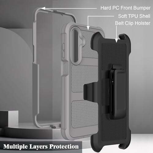 for Samsung Galaxy A16 5G Case with 2 Pack Tempered Glass Screen Protector, [Holster Series] Belt Clip Hard Tough Heavy Duty Rugged Shockproof Protective Cell Phone Case (Gray)