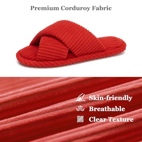 Image of GOEWY House Slippers for Women Fuzzy Womens Slippers Indoor Outdoor Open Toe With Cross Band Corduroy Memory Foam Warm Gifts for Woman Size 7 8.5 Red