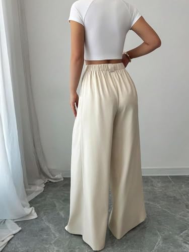 Image of SMOWKLY Women's Korean Style Loose Fit Wide Leg Trousers | Cotton Blend Pleated Palazzo Pants with Elastic Back Waist | High Waist Office & Casual Wear | Stretchable & Breathable