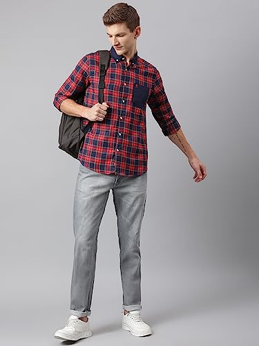 Image of Thomas Scott Mens Checkered Slim Fit Casual Shirt with Button Down and Long Sleeve (TS1048 Space Blue XL)