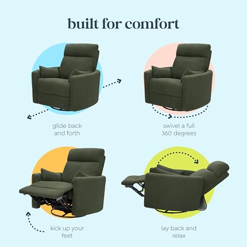 Image of Davinci Atlas Upholstered Recliner and Swivel Glider in Cozy Olive Boucle | Nursery Glider Chair with High Back, Padded Armrests, and Bolster Pillows | Smooth Recline for Nursing and Feeding