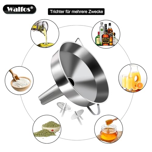 Walfos Trichter Edelstahl Groß 20cm, KüChentrichter Mit 2 Abnehmbaren Sieben & 1 StüCk ReinigungsbüRste, Perfekt Zum UmfüLlen Von FlüSsigkeiten, Marmelade, Trockenen Zutaten