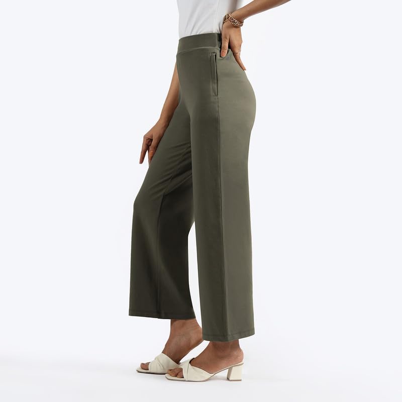Image of BlissClub Women AM PM Cotton Wide Leg Pants | Wide Waistband | High Rise | Drawstring | 2 Pockets