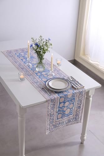 Image of Ravaiyaa - Attitude is everything Cotton Hand Block Printed Table Runner Bed Runner Table Decor (Blue & White Floral)