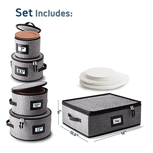 Image of Hearth & Harbor Fine China Storage Containers Hard Shell 5 Piece Set, Grey | Quilted, Mugs, Cups & Plates Stackable Dish Storage, Moving Boxes with Felt Dividers, Seasonal Organization, Service of 12
