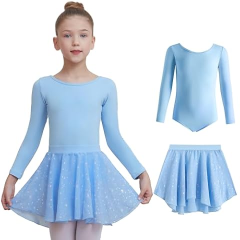 DIPUG Ballet Leotards for Girls Removable Skirt Shiny Toddler Dance Leotard Star Long Sleeve Blue Cover
