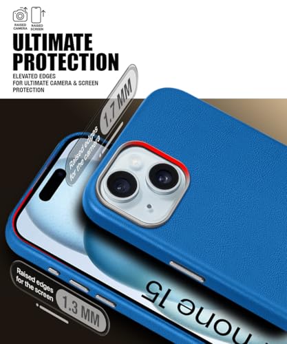 Image of WOW IMAGINE Back Cover for iPhone 15 | Shockproof Tough Leather Texture Hard Mobile Case | Ultra Slim Non-Slip Grip | Inner Velvet Fabric | Metal Camera Ring - Blue