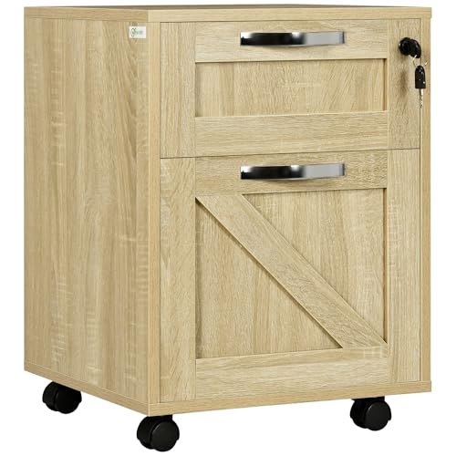 Vinsetto Cajonera de Oficina con 2 Cajones Cajonera con Ruedas Mueble Archivador Móvil con Cerradura y Carpetas Colgantes para Tamaño A4 41x42x56 cm Natural