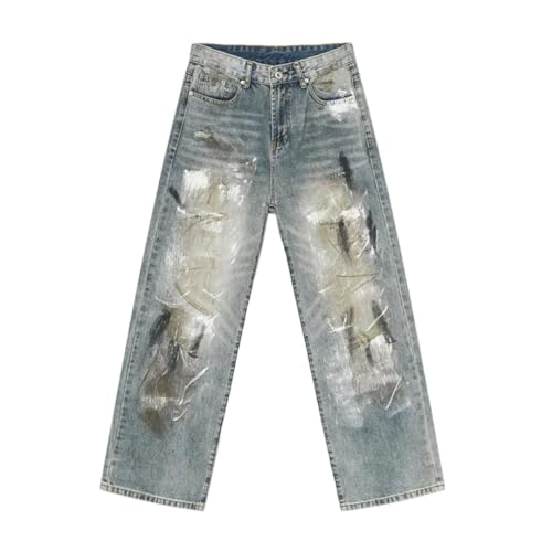 Men's Jeans Worn-Out Dirty Loose Trousers Straight Wide Leg Jeans