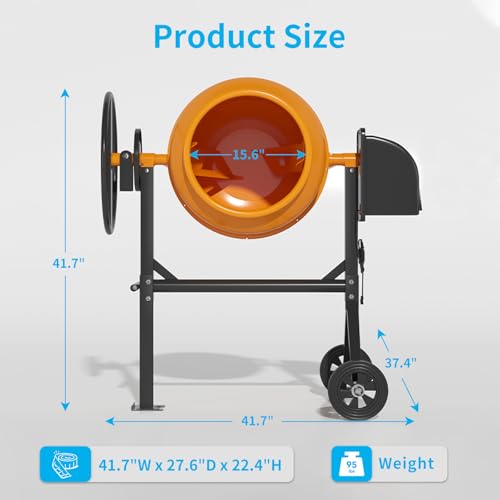 TABU 5.0 Cu.Ft. Electric Cement Mixer, 1/2HP Portable Concrete Mixer, Mortar Mixing for Stucco/Seeds, Freestanding Cement Mixing Tools with Wheels for Stucco, Orange