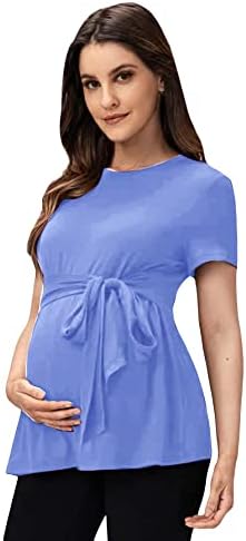 OYOANGLE Women's Basic Maternity Tshirts Tie Front Short Sleeve Crewneck Tee Shirt Peplum Tops Blue S