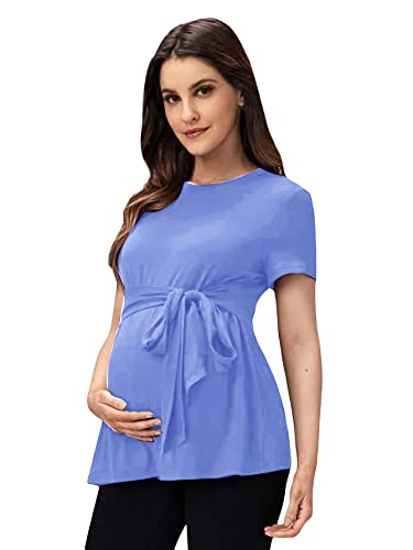 Oyoangle Women's Basic Maternity Tshirts Tie Front Short Sleeve Crewneck Tee Shirt Peplum Tops Blue S #TOP3