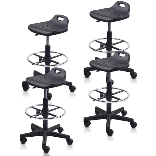 Image of KLASIKA Drafting Rolling Stool Adjustable Height with Foot Rest Breathable Seat Cushion Swivel Stools with Wheels, Multi-Purpose Work Stool for Shop, Task, Salon, Black, 4 Pack