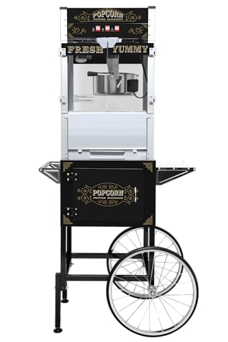 Image of Commercial Popcorn Machine with Cart & Wheels - Popcorn Maker Machine with 22OZ Stainless Steel Kettle, Pop corn Machine Maker for Home, Parties, Movie Theater, Black