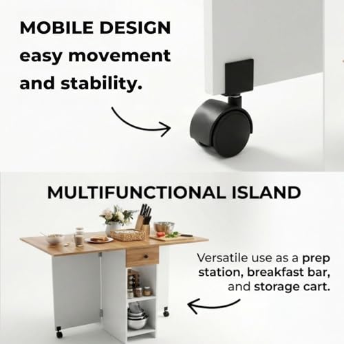 Image of FFO Folding Dining Table for Small Spaces | Compact Table with Drawer & Storage Shelves | Red Oak & White Finish | 120 x 72 x 75 cm | DIY Assembly