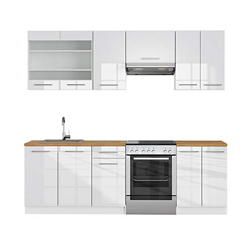 Vicco Küchenzeile Fame-Line, Weiß Hochglanz/Weiß, 240 cm ohne Arbeitsplatte, zur individuellen Erweiterung mit zusätzlichen Modulen geeignet
