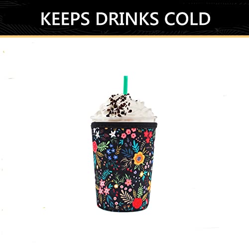 Image of YR Reusable Neoprene Insulator Sleeve for Iced Coffee Cups, 3 Pack Coffee Coolies sleeves for Iced & Hot Drinks, Cold Beverage Cooler Compatible with Starbucks Coffee and More (Little Flower)