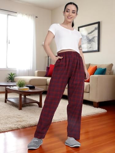 Image of KRYPTIC Women's 100% Pure Cotton Woven Pyjama | Mid Rise Relaxed Fit Full Length Nightwear Pant with Elasticated Drawstring Waistband & Side Pocket | Comfortable Lounge, Sleepwear & Casual Bottom Wear