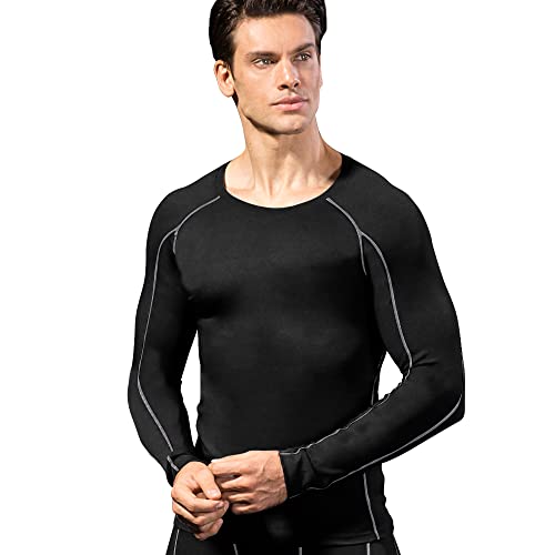 Eargfm Men's Athletic Compression Shirt Workout Running Long Sleeve Cool Dry Base Layer Active Sports T-Shirt Gym Tops, B Grey #TOP3