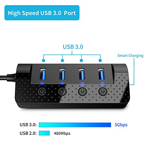 Hub USB attivo 3.0 con alimentatore, distributore USB, 4 porte 3.0, 5 Gbps interruttore di alimentazione singolo e 1 porta ricarica intelligente, alimentatore rete da 15 W (5 V/3 A) - Hub USB - Immagine 1