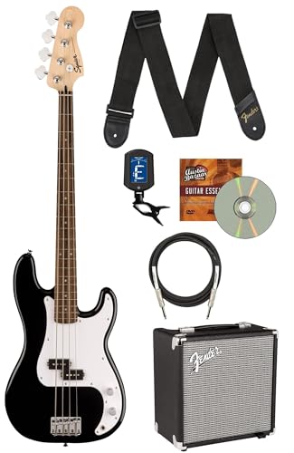 Fender Squier Sonic Precision Bass Guitar, Laurel Fingerboard - Black Bundle with Rumble 15 Bass Amplifier, Cable, Tuner, Strap, and Austin Bazaar Instructional DVD