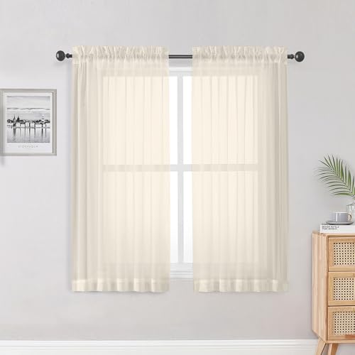 Image of OWENIE Sheer Curtains, Ivory Sheer Curtains 50 Inch Length 2 Panels Set, Rod Pocket Voile Fimly Sheer Drapes for Living Room Bedroom, 2pcs, Ivory, Each 42 inch W x 50 inch L