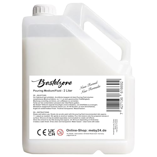 Bastelzone Pouring Medium – Acryl Gießmedium für Fluid Art, Pouring Techniken & Fließtechnik – erhöht den Farbfluss, transparent, seidenmatt, nicht vergilbend, flexibel. Neue Formel (2 Liter)