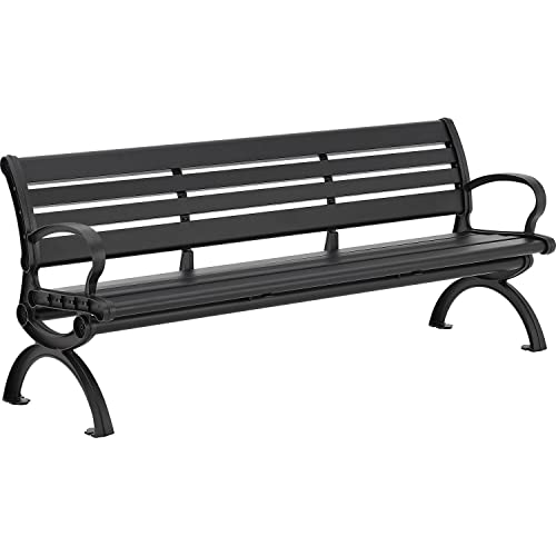 Global Industrial 6'L Outdoor Park Bench with Backrest, Horizontal Slats, Aluminum, 1100 lbs Capacity, Powder Coated Black Finish, Unassembled, Commercial Seating