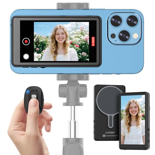Vlog Selfie Monitor Screen iPhone, 4K 60fps Recording, Wireless Screen Mirroring with Remote Control, Magnetic Fixation, 180° Rotation, 3 Levels of Brightness, Compatible with iPhone & Android