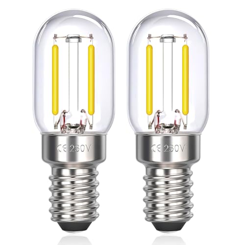 Akynite Bombillas LED Nevera E14 2W Luz Fria 6000K, T22, 200LM, Equivalente a 10W-20W, Casquillo Fino, Retro Vintage LED E14 Pequeña para Frigorífico, Luz de Noche, No Regulable, pack de 2