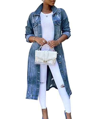 ebossy Women's Ripped Distressed Destroyed Classic Blue Maxi Denim Jacket Long Jean Trench Coat Outwear