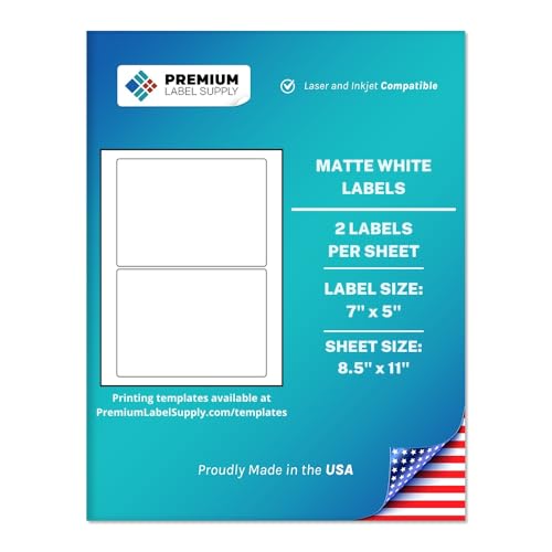 Premium Label Supply Etiquetas adhesivas blancas para envío, 7 x 5 pulgadas, compatibles con láser/inyección de tinta, (2 por hoja), 25 hojas, 50 etiquetas adhesivas en total