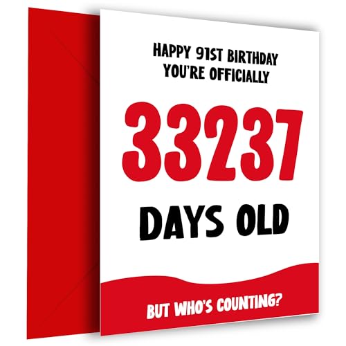 Hey Chimp Divertida tarjeta de cumpleaños número 91 para hombres y mujeres, oficialmente 33237 días de edad, tarjeta humorística de 91 cumpleaños, tarjeta de cumpleaños 91