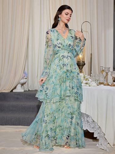 Image of TOLEEN Summer Casual Dresses for Women 2024 Spring Fashion Boho V Neck Long Sleeve Ruffle Floral Print Elegant Maxi Dress