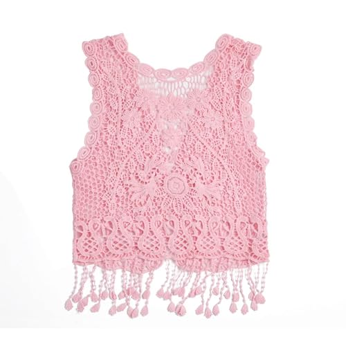Image of Girls Crochet Vest Cardigan with Fringe V-Neck Sleeveless Boho Vest Hollow Out Cardigan
