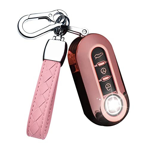 HIBEYO Key Fob Cover for Fiat 500 Linea 3 Button Filping Smart Remote Auto Key Shell with Leather Keychains for Fiat 500 Accessories Soft TPU Key Case-Pink
