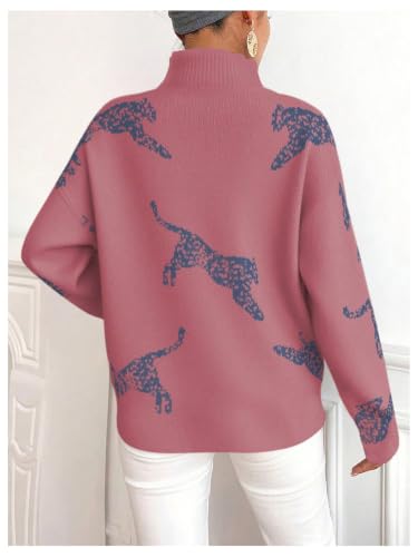 Image of WDIRARA Women's Leopard Tiger Print Sweater High Neck Long Sleeve Fuzzy Knitted Pullover Top